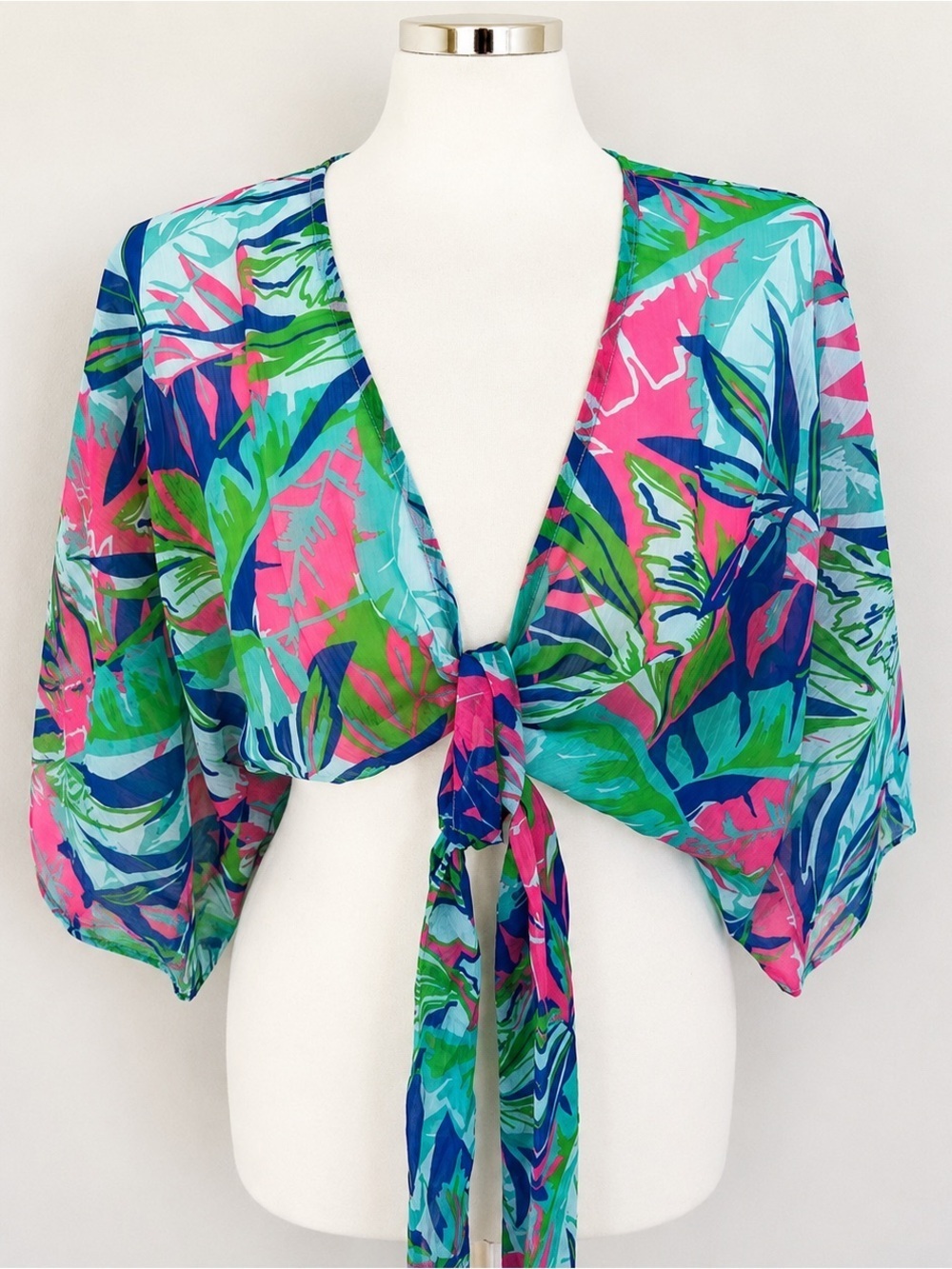 Kathy Ireland Tropical Sheer Crop Top | Resort Cover-Up Blouse | Bright | S